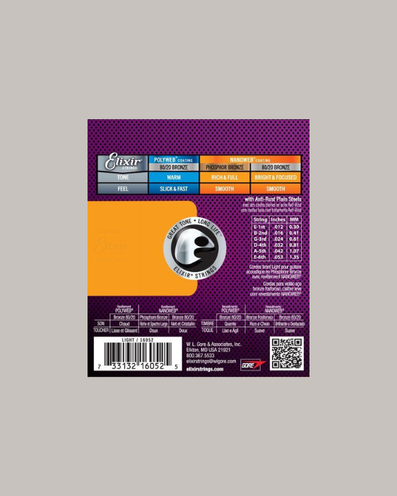 Elixir Strings Phosphor Bronze Acoustic Guitar Strings w NANOWEB Coating - 12/53 Light