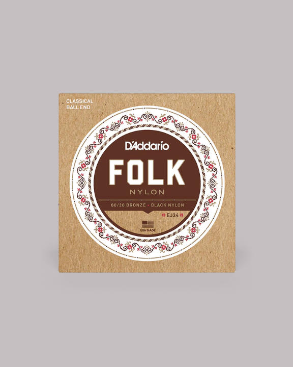 D'Addario Folk Nylon Classical Normal Tension Ball End 80/20 Bronze/Black Nylon Classical Guitar Strings - EJ34