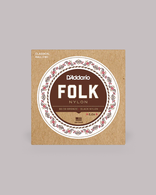 D'Addario Folk Nylon Classical Normal Tension Ball End 80/20 Bronze/Black Nylon Classical Guitar Strings - EJ34