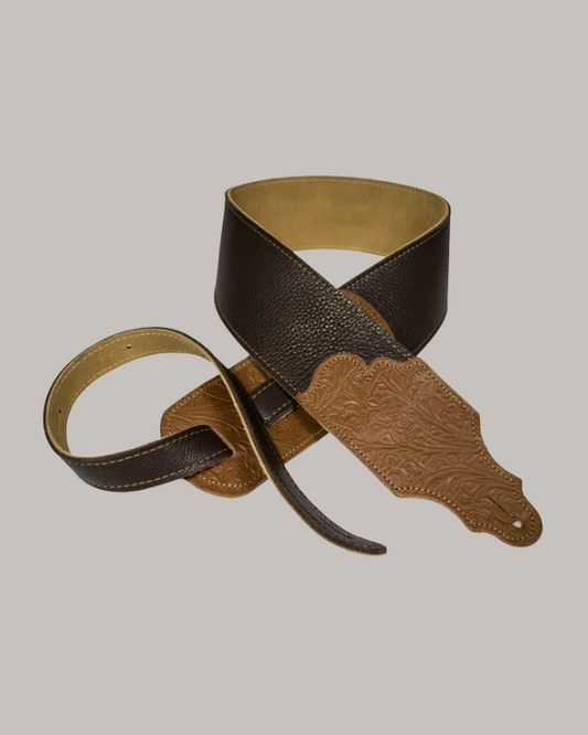 Franklin Strap Tooled Glove Leather Guitar Strap - Chocolate with Caramel