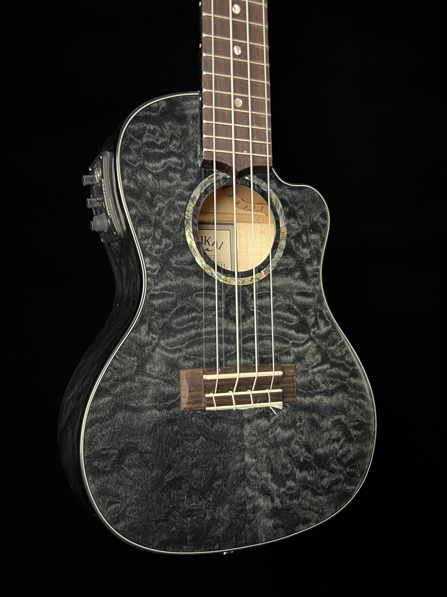 Lanikai Quilted Maple Black Cutaway Concert Ukulele with Fishman Kula Preamp - New