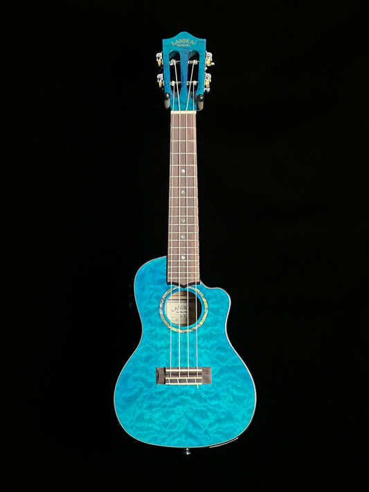 Lanikai Quilted Maple Blue Stain Cutaway Concert Ukulele with Fishman Kula Preamp - New