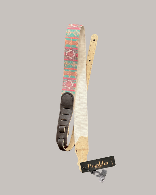 Franklin Strap Old Aztec Canvas Guitar Strap - Turquoise Old Aztec Graphic with Chocolate Ends