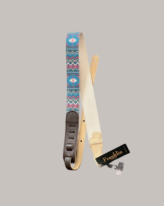Franklin Strap Old Aztec Canvas Guitar Strap - Blue/Red Old Aztec Graphic with Chocolate Ends